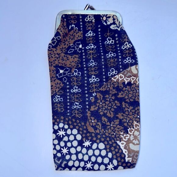 Vtg navy blue, brown & cream cloth snap top glasses case/cigarette holder - Picture 2 of 4